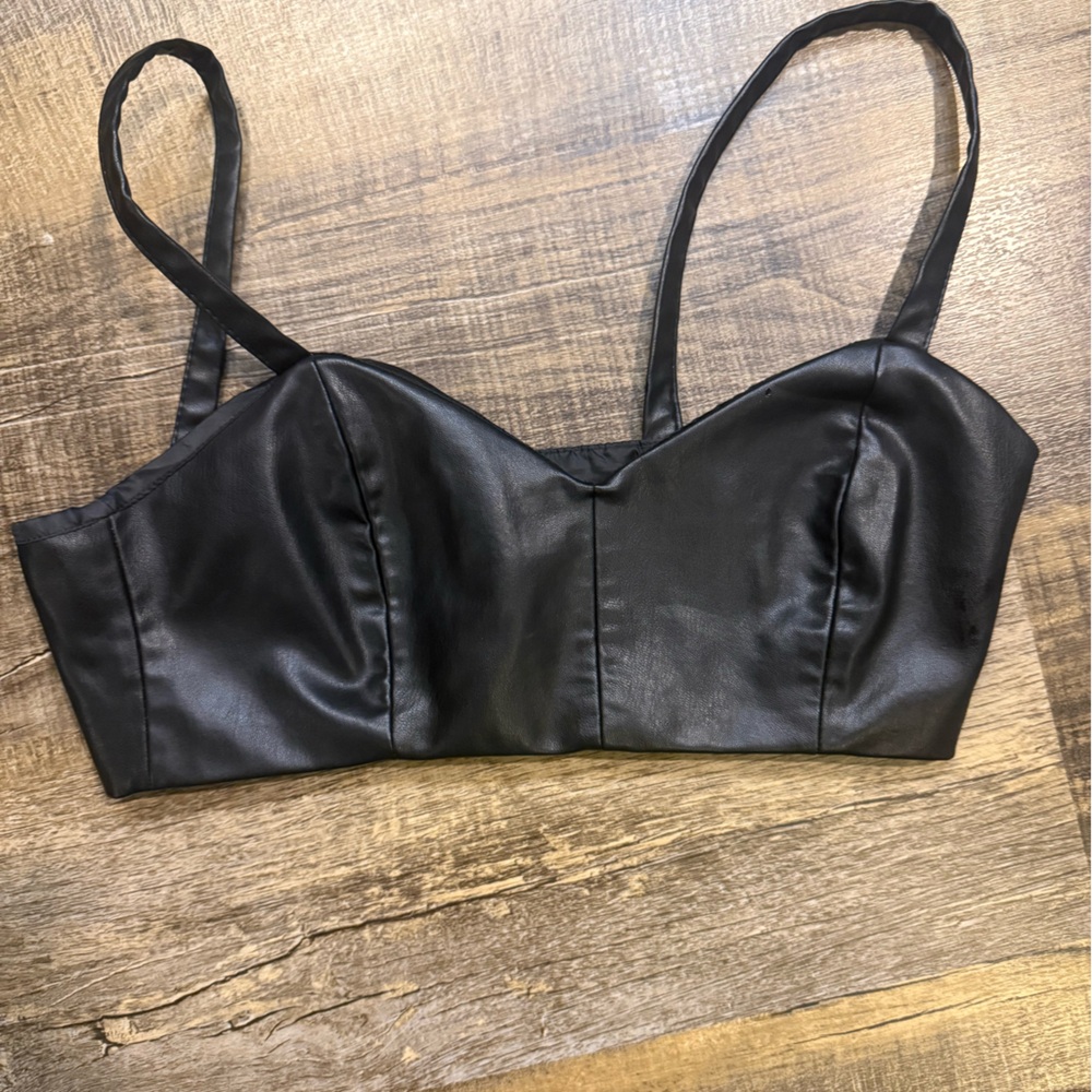 Zara Black Faux Leather Cropped Bustier Tank